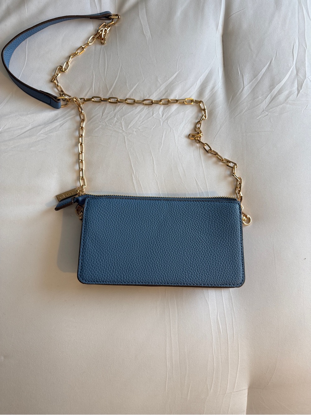 Anne Klein Blue Pebbled Leather Crossbody with Gold Chain